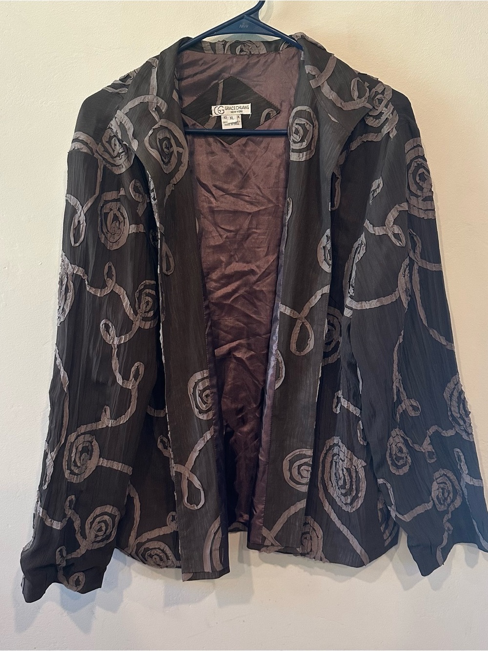 Grace Chuang New York Silk Women’s XL brown abstract collared open front jacket